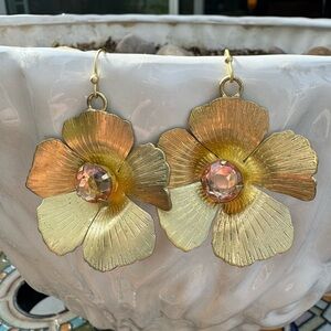 Gold Floral Earrings with Crystal Accent